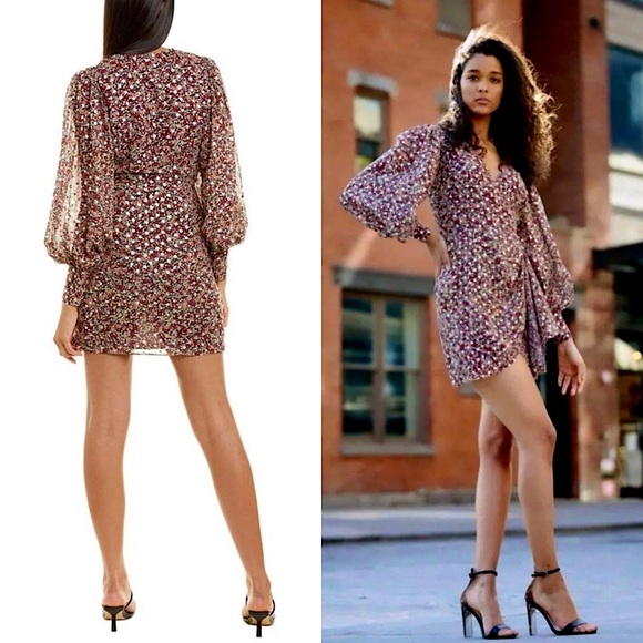 YUMI KIM Metallic Dot Floral Print Crepe Long Sleeve Draped Faux Wrap Dress‎ 4 - Picture 2 of 7
